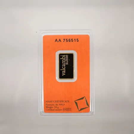 Guldtacka Valcambi Suisse serienr: AA756515 plomberad 24k  Vikt: 10 g