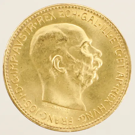 Mynt Ø20mm 20 Corona Francis Joseph I, Dukat Franc IDG Avstriae Imperator 1915, 23K.  Vikt: 6,8 g