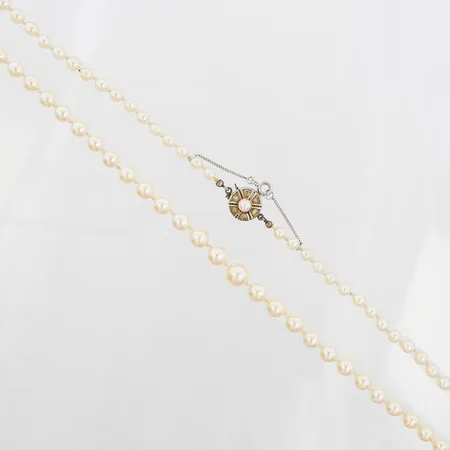 Pärlcollier doserat med Akoya saltvattenpärlor, Ø4-8mm, längd 57cm, lås med odlad saltvattenpärla och vita stenar, säkerhetskedja, 18K vitguld. Vikt: 21,2 g