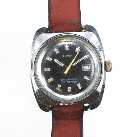 Herrur Timex 35,5mm, stål, manuell, slitage, skadat läderband, inga tillbehör