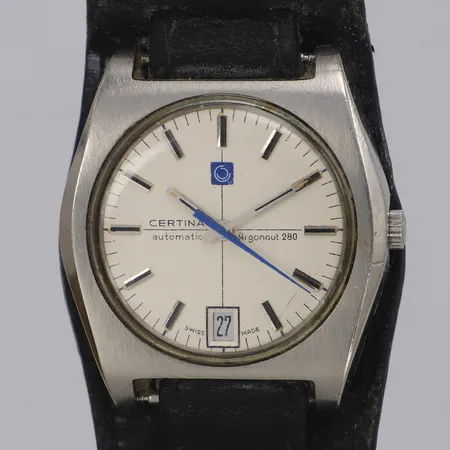 Armbandsur Certina Argonaut 280, stå, automatisk, datum, 37mm, repigt plexiglas, läderarmband ej original, längd inklusive ur ca 22cm, inga tillbehör, bruksslitage, slitet armband