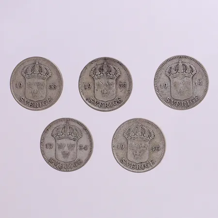 5 Mynt 25öre, blandade årtal silver 600/1000 Vikt: 11,9 g