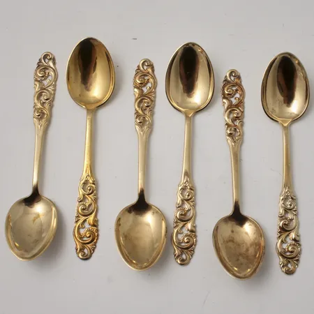 6st skedar 10cm Telesølv/Telemark bröderne Mylius förgyllt silver 830/1000, 54,29g.