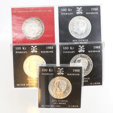 Samlarmynt, 1st Sveriges Riksdag Helgeandsholmen, 4st Nya Sverige Delaware, plastetuier, 925/1000 silver Vikt: 80 g