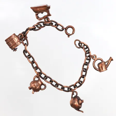 Armband med fem berlocker, 18cm, bredd:6mm, brons