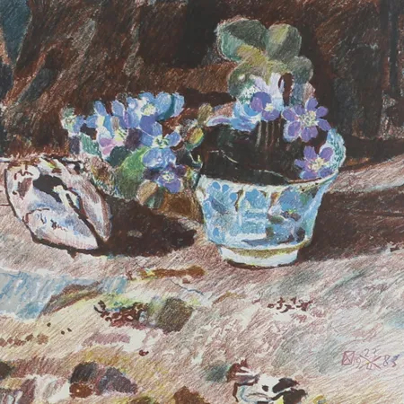 Litografi signerad Nils Zetterberg, numrerad 81/325, daterad 1983, "Blåsippa och Mussla", bildmått 39 x 49cm Specialfrakt, kontakta pantbankskontoret för mer information.
