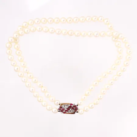 Tvåradigt pärlcollier odlade saltvattenpärlor 41cm Ø7mm, lås 14K med diamanter 20x0,01ct samt rubiner, guldvikt ca: 7gram, bruttovikt: 81gram Vikt: 0 g