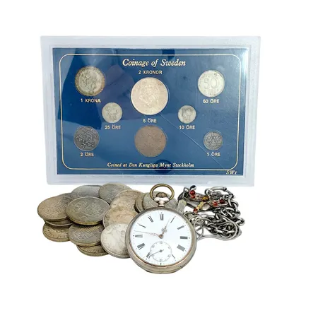 Parti svenska silvermynt, silverhalt 400-800/1000, finvikt 118,5g, fickur, silver, 74,5g, parti silver 830-925/1000 44g