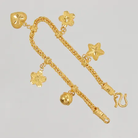 Armband Rävsvans med 5 berlocker 16cm, bredd 2,8mm, Thaiguld, 23K Vikt: 15,2 g