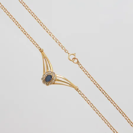 Collier med integrerat hänge med blå sten samt diamanter 9 x ca 0,005ct, 43cm, bredd 2-11mm, sten saknas, 18K Vikt: 5,4 g