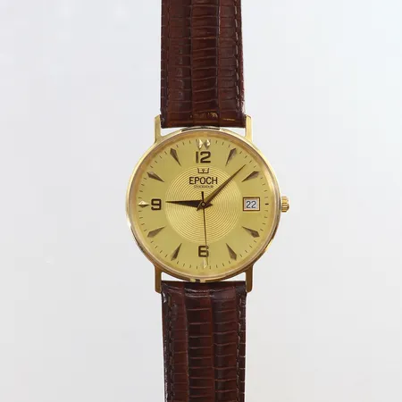 Herrur Epoch 18K quartz datum läderband box behov av batteribyte. 