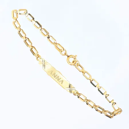 Armband med bricka, längd: 16,5cm, bredd: 3-6,7mm, gravyr, 14K, Vikt: 2,8 g