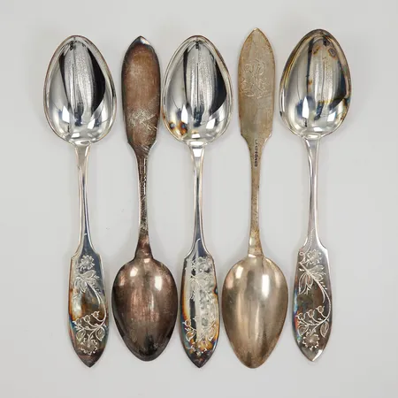 5 Skedar modell Tornedal 17,5cm, en graverad, 830/1000 silver, Vikt: 189,6 g