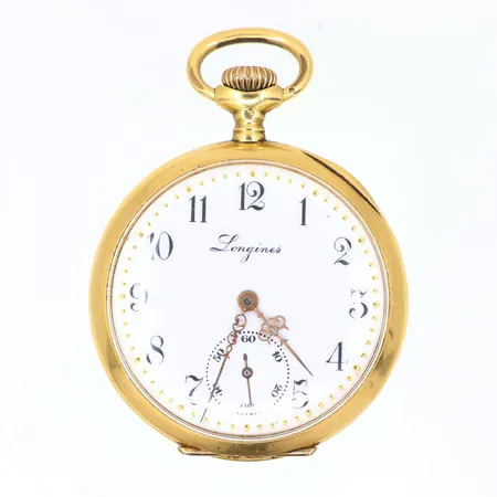 Fickur Longines 18K Ø34mm, boett-nr 2810478, innerboett metall, liten sekundvisare, fullt fungerande, defekt gänga till bakboett, Bruttovikt: 28,8g