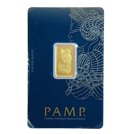 Guldtacka PAMP 5 gram, 999,9/1000, SWISS MADE, Assayer, serienummer CO45837, ej bruten förpackning, inköpt på Tavex Vikt: 5 g