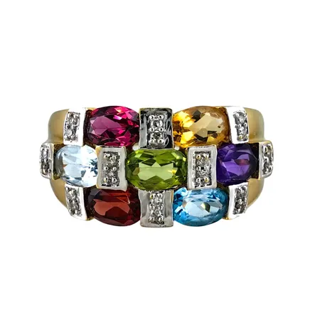Diamantring i 18K guld, 20 Diamanter - totalt 0,10ct, Ametist, Citrin, Granat, Topas, Peridot och Rhodolite, ädelstenarnas storlek 6x4 mm, Guldfynd (GHA) 20027311, stl:18,0 mm, bredd 2-11 mm, fint skick, stenar utan anmärkning, ordinarie nypris hos Guldfynd 17 998 kr Vikt: 5,5 g