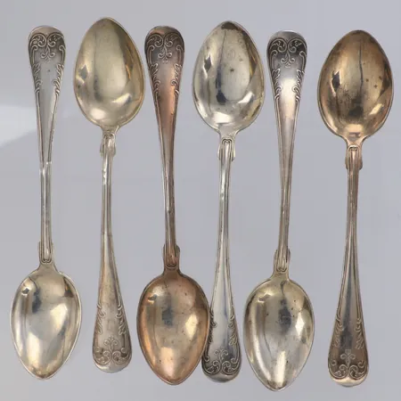 6 Kaffeskedar, längd 12cm, tidigt 1900-tal, silver 830/1000 Vikt: 53 g