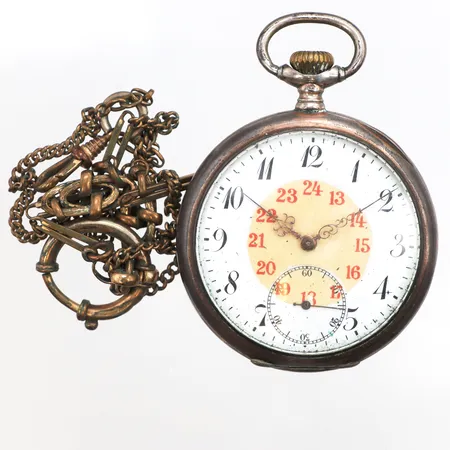 Fickur med rött 24-h index, 50mm, boettnr: 96706, innerboett i metall, bucklig boett, 800/1000 silver, bruttovikt: 80,8g