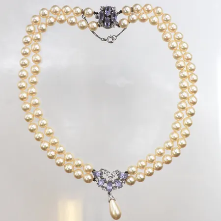 Tvåradigt pärlcollier med imitationspärlor, 37cm, bredd: 14mm, silverlås 925/1000 Vikt: 0 g