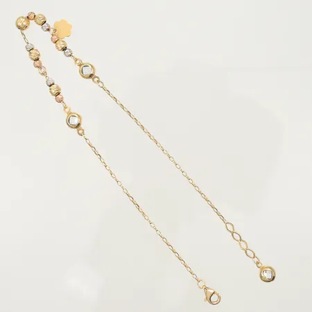 Fotlänk med trefärgade kulor och 2 vita stenar, längd 23cm bredd 1,5-5mm, 14K 3,6g totalt