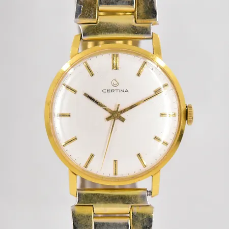 Herrur Certina 18K  manuell Ø 34mm repigt plastglas graverad boett förgyllt stålband 21cm 