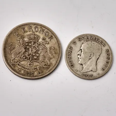 Mynt i silver, 2krona, 1897, 1krona, 1945, 800/1000, 21,1g.