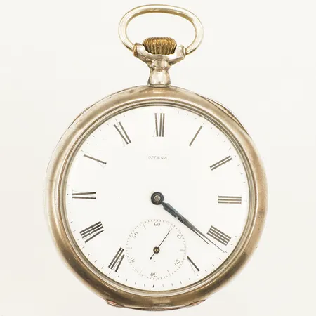 Fickur Omega Ø51mm manuell, liten sekundvisare, boettnr 1284742, innerboett i silver, bucklig silver 800/1000 bruttovikt:86,3g