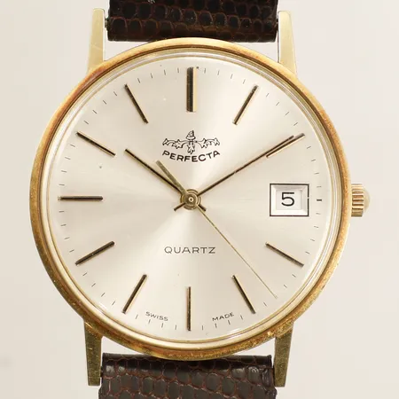 Armbandsur Perfecta 14K quartz Ø33mm datum gravyr läderarmband inga tillbehör