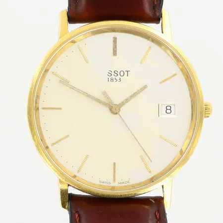 Herrur Tissot Ø34mm 18K quartz, läderarmband, defekt urtavla, gravyr  Vikt: 0 g