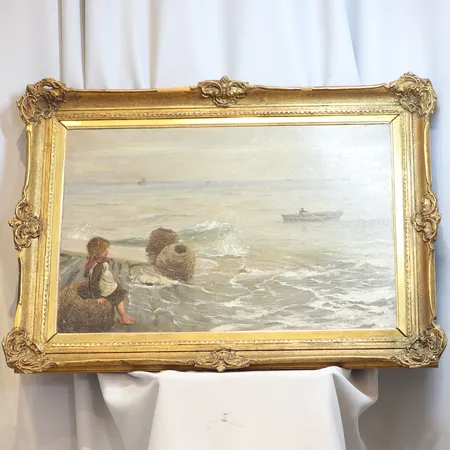 Tavla "Flicka vid kaj" August Hagborg (1852-1921) Olja på duk 50,5x76cm, med förgylld träram, visst slitage, signerad Hagborg, Proveniens: Bukowskis Höstens Klassiska Hösten 2012 Skickas med postpaket.