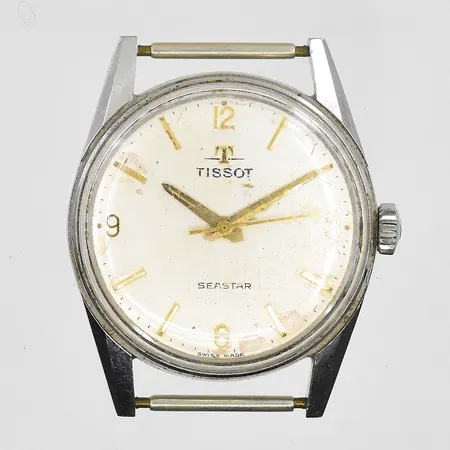 Herrur Tissot Seastar stål, manuell, Ø33mm, sliten urtavla, repigt plexiglas, inga tillbehör.
