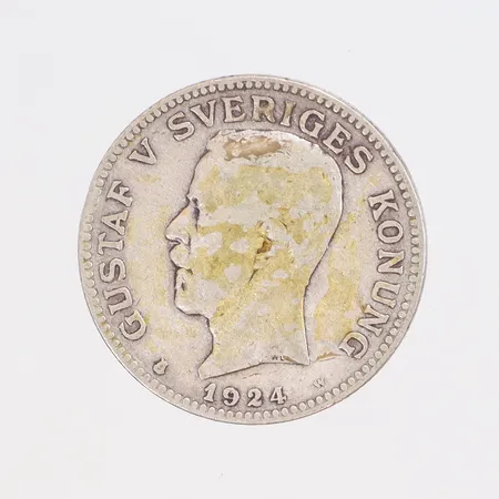 Silvermynt Gustav V Sveriges Konung "1kr" år 1924, 800/1000 silver Vikt: 7,4 g