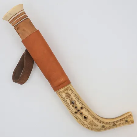 Halvhornskniv signerad 1946 Pahta Palo horn trä & läder 26cm, finnishen på träskaftet halvfärdigt, ovisst om kniv och hölje hör ihop