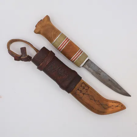 Kniv ej signerad trä läder horn & tenn 21cm