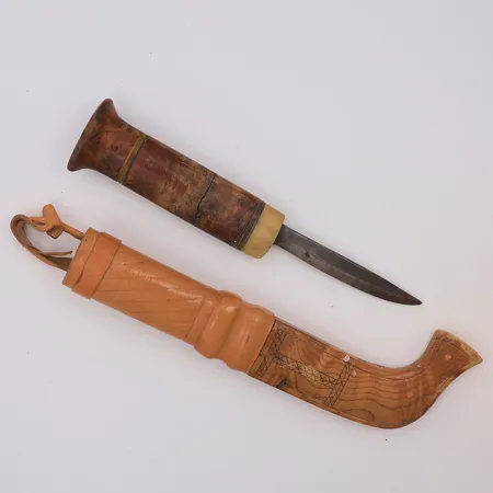 Kniv ej signerad trä läder & horn 22cm, trät sprucket