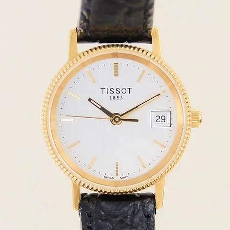 Damur Tissot 18K quartz numrerad:H635.330 Ø24mm safirglas datum läderband manualer box ytterkartong, gravyr, i behov av batteribyte
