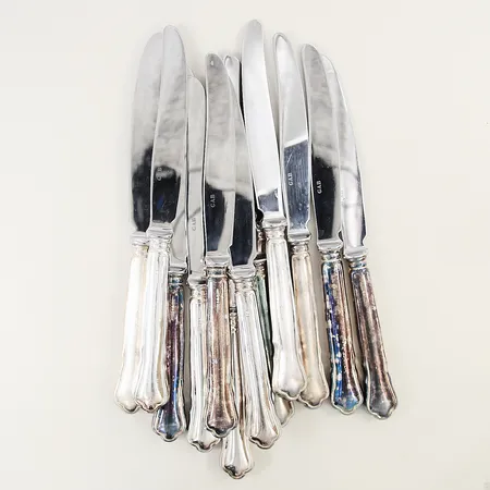 12 Bordsknivar Chippendale 20,5cm GAB blad i rostfritt stål silver 830/1000 Vikt: 806,9 g