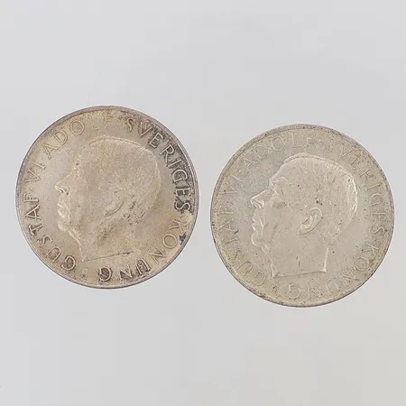 2 Mynt Gustaf VI Adolf 70 år 5kr Ø36mm år 1952, 400/1000 silver Vikt: 45,7 g
