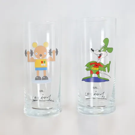 2 Dricksglas Lasse Åberg "Longdrink" Nr 22 och Nr 23, höjd 15,5cm, orginalbox
