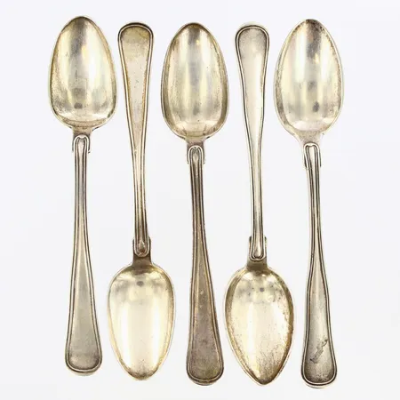 5 Teskedar längd: 14cm, danska stämplar, 830/1000 silver Vikt: 87,5 g