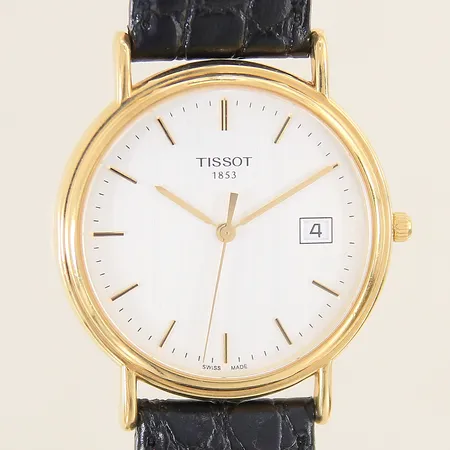 Herrur Tissot 18K quartz Ø34mm safirglas datum läderband, i behov av batteribyte, gravyr, inga tillbehör