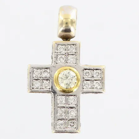 Hänge kors med diamanter 1 x ca 0,35ct samt 62 x ca 0,02ct, vitguld, längd 28mm, bredd 17mm, sliten rodiering,18K  Vikt: 7,6 g