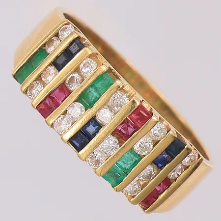 Ring diamanter 18 x ca 0,015ct, & safirer, smaragder, stl:18 kattfotstämplad, 18K Vikt: 4,2 g