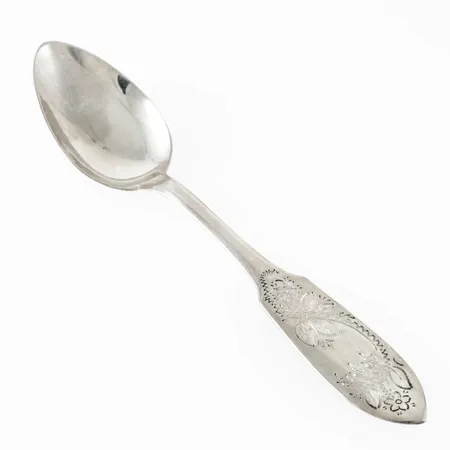 En kaffesked Tornedal/Finnmyrten längd 122mm, BOLIDENSILVER, F.OLSSON (Fritz Olsson AB, Luleå), R9 (1967), silver 14,0g. 