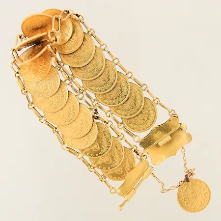 Armband med integrerade mynt längd ca 19cm bredd 24,8mm säkerhetskedja en ögla ej guld 21K Vikt: 79,6 g