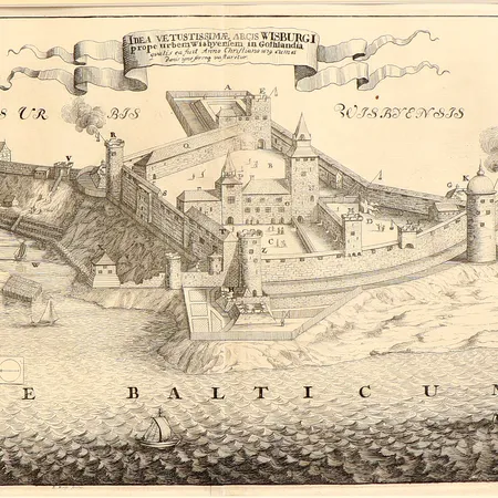 Kopparstick över Visby publicerat i Erik Dahlbergs "Suecia", 1679, graverad av E. Reitz, bildmått: 20x34cm