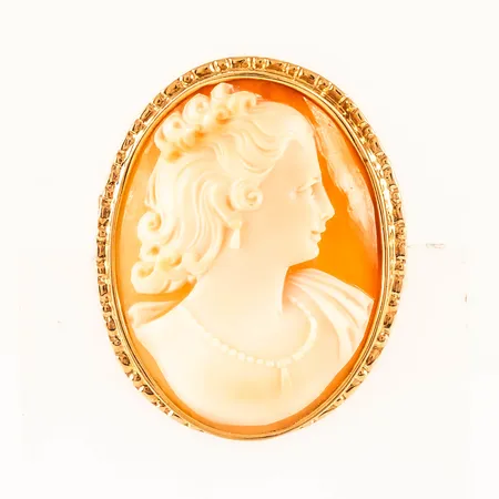 Brosch/Hänge med kamé bredd 30mm längd exkl infällbar ögla 37,5mm, signerad Stigbert, X8 (1948), HE (Heribert Engelbert, Stockholm), 18K bruttovikt:10,3g. 