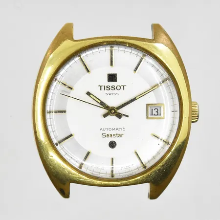 Herrur Tissot Seastar guld på stål, automat, Ø37mm, refnr 44585-7X, serienr 17061904, cal. 2481, datum, 1970-tal, krona ej original, inga tillbehör.