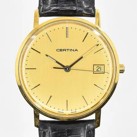 Herrur Certina 18K, quartz, Ø34mm, EOL 115.9299.68, datum, läderband, graverad bakboett, behov av batteribyte, etui. Bruttovikt 30,9g