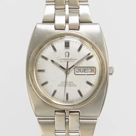 Herrur Omega Constellation, stål, automatisk, 35,7mm, ref: 168.45-368.845, cal: 571, verknr 29499304, , dag Spanska, datum, skadad urtavla, korrosion på urverket, dålig packning, stållänk, viklås, inga tillbehör.